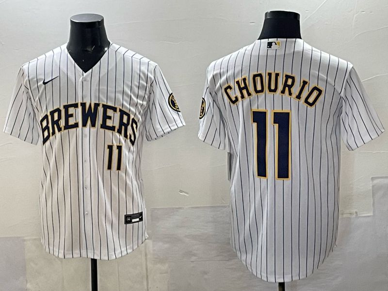 Men Milwaukee Brewers #11 Chourio White Stripe Nike MLB 2025 Jersey 06